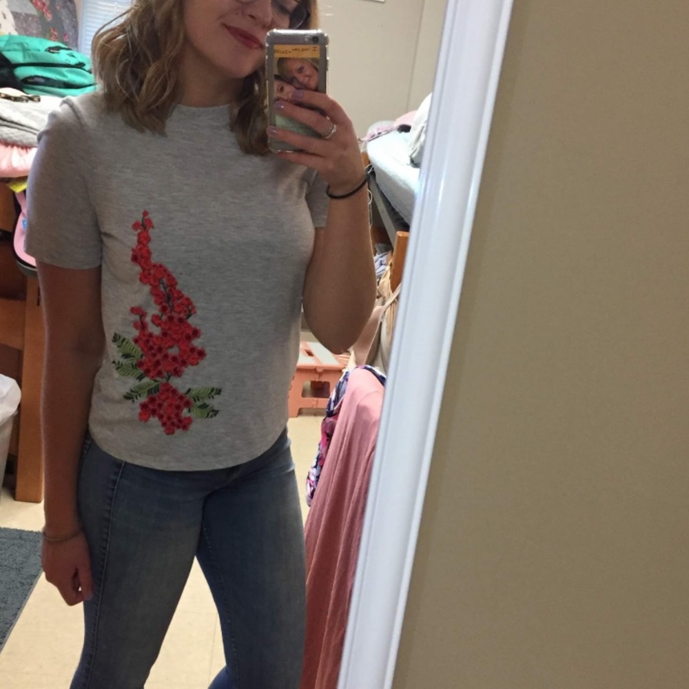 H&M gray shirt with red and green floral accent